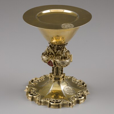 Exceptional Chalice With Original Paten Expected Soon ! style Gothic - Style en Full - Silver /  Enamel, Aachen - Germany 19 th century ( Anno 1899 )