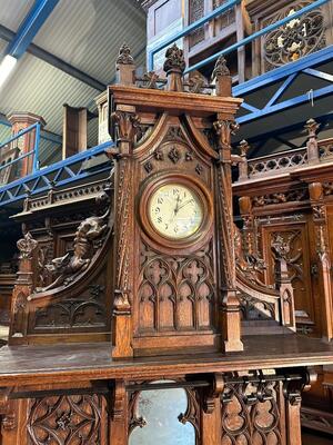 Exceptional Hall Stand With Clock By : Victor Aimone !  style Gothic - Style en Walnut wood / Glass / Hand Forget Iron, France 19 th century