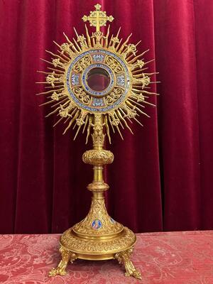 Exceptional Monstrance By : Pierre Le Roux Paris style Gothic - Style en Brass / Bronze / Gilt / Enamel / Glass / Stones / Polished & Varnished, Paris - France 19 th century ( Anno 1865 )