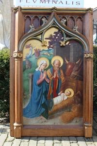 Fully Hand-Painted Imagination Of “Nativity Of Jesus” , Neo-Gothic Oak Frame style Gothic - style en hand-carved wooden frame. Painting on panel : wood., Belgium 19th century