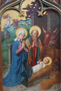 Fully Hand-Painted Imagination Of “Nativity Of Jesus” , Neo-Gothic Oak Frame style Gothic - style en hand-carved wooden frame. Painting on panel : wood., Belgium 19th century