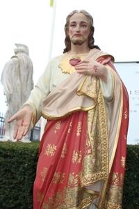 H.Heart Statue style Gothic - Style en Terra-Cotta polychrome, France 19th century anno 1875