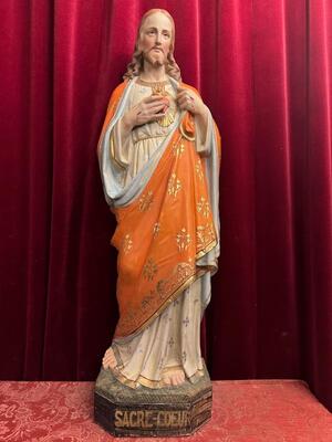 Holy Sacred Heart Statue  style Gothic - Style en Terra - Cotta Polychrome, France 19 th century ( Anno 1885 )