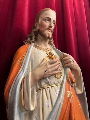 Holy Sacred Heart Statue  style Gothic - Style en Terra - Cotta Polychrome, France 19 th century ( Anno 1885 )