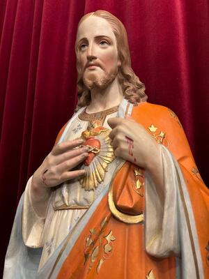 Holy Sacred Heart Statue  style Gothic - Style en Terra - Cotta Polychrome, France 19 th century ( Anno 1885 )