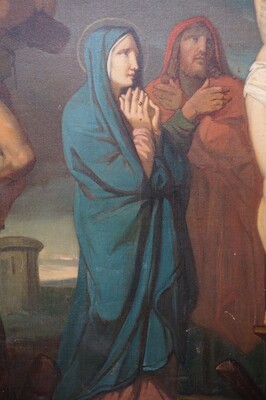 Painting Golgotha - Scene With Hestas & Dismas  style Gothic - Style en Painted on Linen, Belgium  19 th century