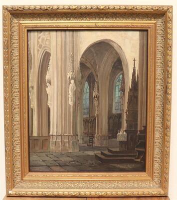 Painting St. Jan Church Den Bosch. Signed : Arij Albertus Willem Verhorst ( 1879-1972 )  style Gothic - Style en Painted on Linen / Wooden Frame, Netherlands  19 th century