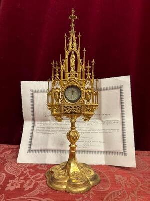 Reliquary - Relic True Cross With Original Document style Gothic - Style en Brass / Bronze / Gilt / Glass / Wax Seal, 19 th century