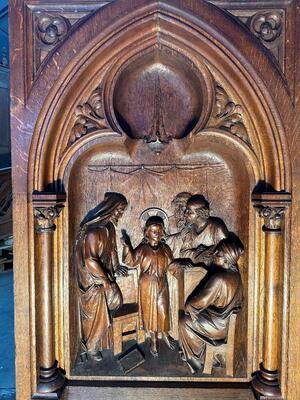 Representation : Jesus Teaches In The Temple  style Gothic - Style en Fully  Hand - Carved Oak / Framed, Belgium  19 th century ( Anno 1865 )