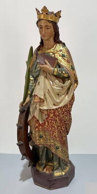 St. Catherine Statue Expected ! style Gothic - Style en Terra - Cotta Polychrome, France 19 th century