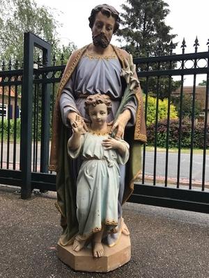 St. Joseph Statue With Child style Gothic - style en Terra-Cotta polychrome, France 19th century ( anno 1875 )