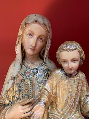 St. Mary & Child Wall - Sculpture style Gothic - style en hand-carved wood polychrome, Belgium 19th century ( anno 1865 )