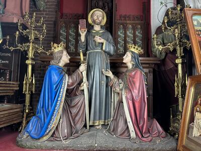 The Third Order Scene Of St. Francis”, With St. Elisabeth And St. Louis  style Gothic - Style en Terra - Cotta Polychrome, France 19 th century ( Anno 1867 )