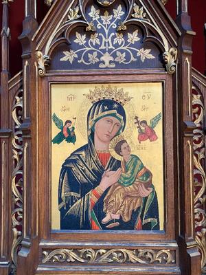 Unique Combination: Home-Altar And Offertory-Box Devoted To Our Lady Of Perpetual Help style Gothic - Style en HAND-PAINTED IMAGINATION -- FULL OAK -- HAND-CARVING , Netherlands ANNO ABOUT 1875