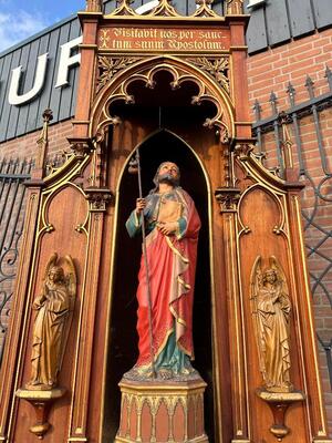 Unique Pilgrim Altar Dedicated To St. James ( Jacobus ) Of Compostella style Gothic - Style en Oak wood / All sculptures are hand - carved wood., Spain 19 th century