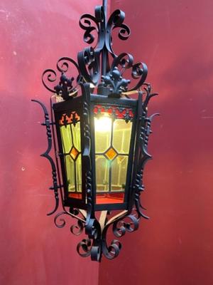 Hall Lamp en Iron / Stained Glass , Belgium 20th Century