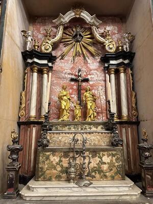 Holy Family Devotion - Shrine en Fully Handmade / Hand - Carved Wood / Glass / Fabrics, Spain 19 th century ( Anno 1825 )