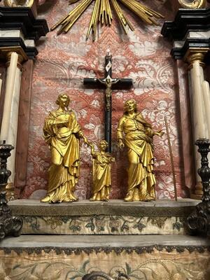Holy Family Devotion - Shrine en Fully Handmade / Hand - Carved Wood / Glass / Fabrics, Spain 19 th century ( Anno 1825 )