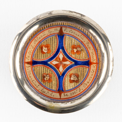 Multi Reliquary Ex Ossibus Relics : S. Cornelii Pap,S. Blassi Ep, S. Martini Ep, S. Bavonis C. With Original Document en Brass / Glass / Wax Seal, Gent - Belgium  19 th century ( Anno 1869 )