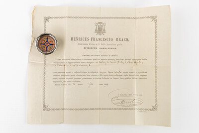 Multi Reliquary Ex Ossibus Relics : S. Cornelii Pap,S. Blassi Ep, S. Martini Ep, S. Bavonis C. With Original Document en Brass / Glass / Wax Seal, Gent - Belgium  19 th century ( Anno 1869 )