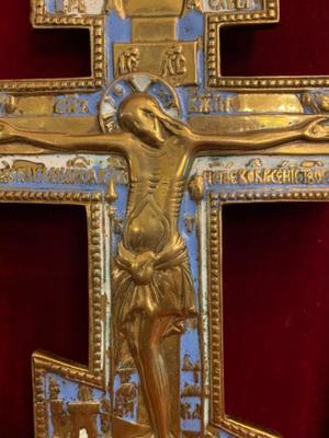 Large-Russian-Brass-Crucifixion-Cross style Orthodox Byzantine en Brass / Bronze / Enamel, Moscow Regiona 19 th century