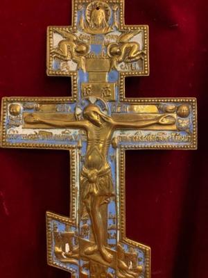 Large-Russian-Brass-Crucifixion-Cross style Orthodox Byzantine en Brass / Bronze / Enamel, Moscow Regiona 19 th century