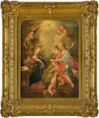 Painting Annunciation  en Painted on Linen, 18 th century