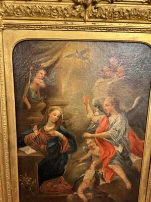 Painting Annunciation  en Painted on Linen, 18 th century