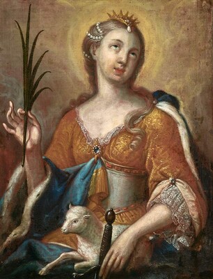 Painting St. Agnes en Oil on Canvas / Wooden Frame, Germany 18 th century