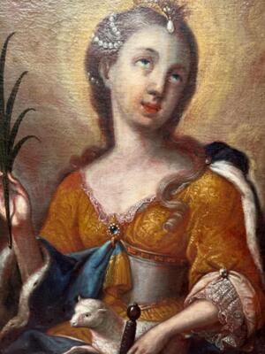 Painting St. Agnes en Oil on Canvas / Wooden Frame, Germany 18 th century