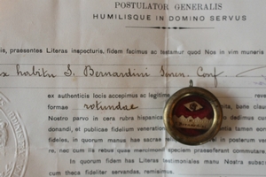 Relic St. Bernardini Ex Habitu With Document Belgium 19th century