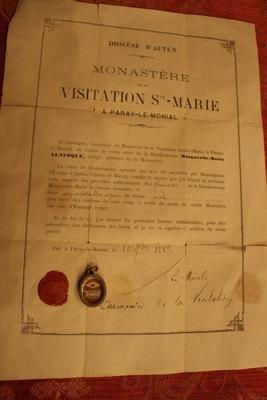 Relic Theca St. Margareta Maria Alacoque Ex Ossements With Original Documentation en silver, France 19th Century 1882