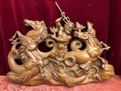 Relief:  Horses Of Neptune en Hand - Carved Wood Oak, 20 th century ( Anno 1920 )