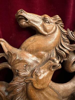 Relief:  Horses Of Neptune en Hand - Carved Wood Oak, 20 th century ( Anno 1920 )