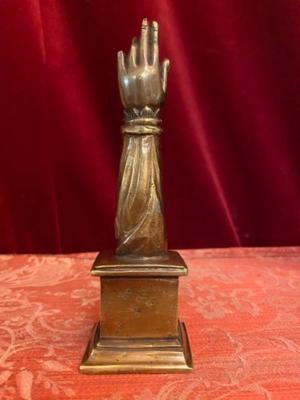 Reliquary  - Arm Ex Ossibus St. Lucas en Bronze / Glass / Wax Seals, Italy 18 th century