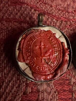 Reliquary - Relic Ex Carne Beatus Leonardus en Brass / Glass / Wax Seal, 19 th century