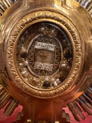 Reliquary - Relic Ex Ligno S. Crucis D.N.J.C. With Original Case en Bronze / Gilt / Stones / Glass, Italy 19 th century ( Anno 1875 )