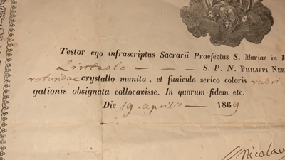 Reliquary Relic Ex Lintelo S. Philippi Neri With Original Document en Brass / Glass / Originally Sealed, Italy 19th century ( anno 1869 )