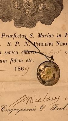 Reliquary Relic Ex Lintelo S. Philippi Neri With Original Document en Brass / Glass / Originally Sealed, Italy 19th century ( anno 1869 )