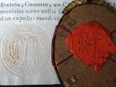Reliquary - Relic Ex Ossibus Of St. Leo Ix Pope Original Document en Brass / Glass / Wax Seal, Italy  18 th century ( Anno 1785 )