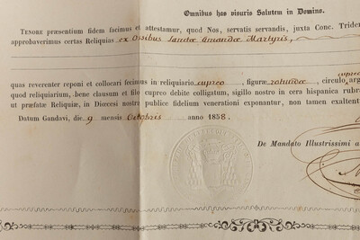 Reliquary - Relic Ex Ossibus Sanctae Amandae Martyris With Original Docment en Brass / Glass / Wax Seal, Belgium  19 th century