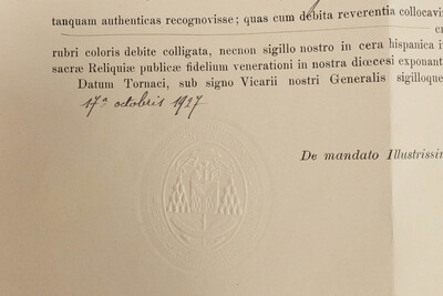 Reliquary - Relic Ex Ossibus Sanctea Catharinae Siena. Virginis. With Original Document en Brass / Glass / Wax Seal, Belgium  19 th century