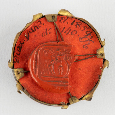 Reliquary - Relic Ex Ossibus Sancti Adriani Martyris With Original Docment en Brass / Glass / Wax Seal, Belgium  19 th century