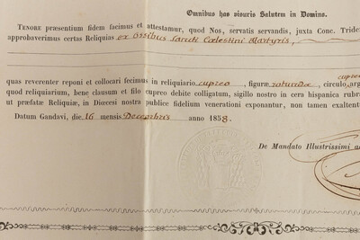Reliquary - Relic Ex Ossibus Sancti Caelestini Martyris  With Original Document en Brass / Glass / Wax Seal, Belgium  19 th century