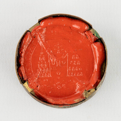 Reliquary - Relic Ex Ossibus Sancti Dominici. With Original Document en Brass / Glass / Wax Seal, Belgium  19 th century