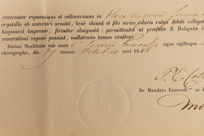 Reliquary - Relic Ex Ossibus Sancti Hyancinthi Conf. Ordinis Pradicatorum With Original Document  en Brass / Glass / Wax Seal, Belgium  19 th century