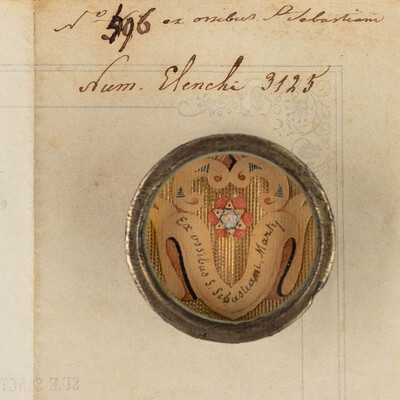 Reliquary - Relic Ex Ossibus Sancti Sebastiani Martyria With Original Document en Brass / Glass / Originally Sealed, Belgium 19th century
