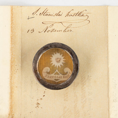 Reliquary - Relic Ex Ossibus Sancti Stanislav Kostka. With Original Document en Brass / Glass / Wax Seal, Belgium  19 th century ( Anno 1824 )