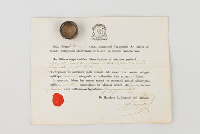 Reliquary - Relic Ex Ossibus Sancto Luciae V. M. With Original Document en Brass / Glass / Wax Seal, Belgium  19 th century