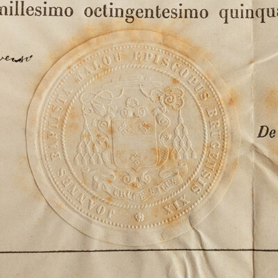 Reliquary - Relic Ex Ossibus St. Amandus With Original Document en Brass / Glass / Wax Seal, Belgium  19 th century